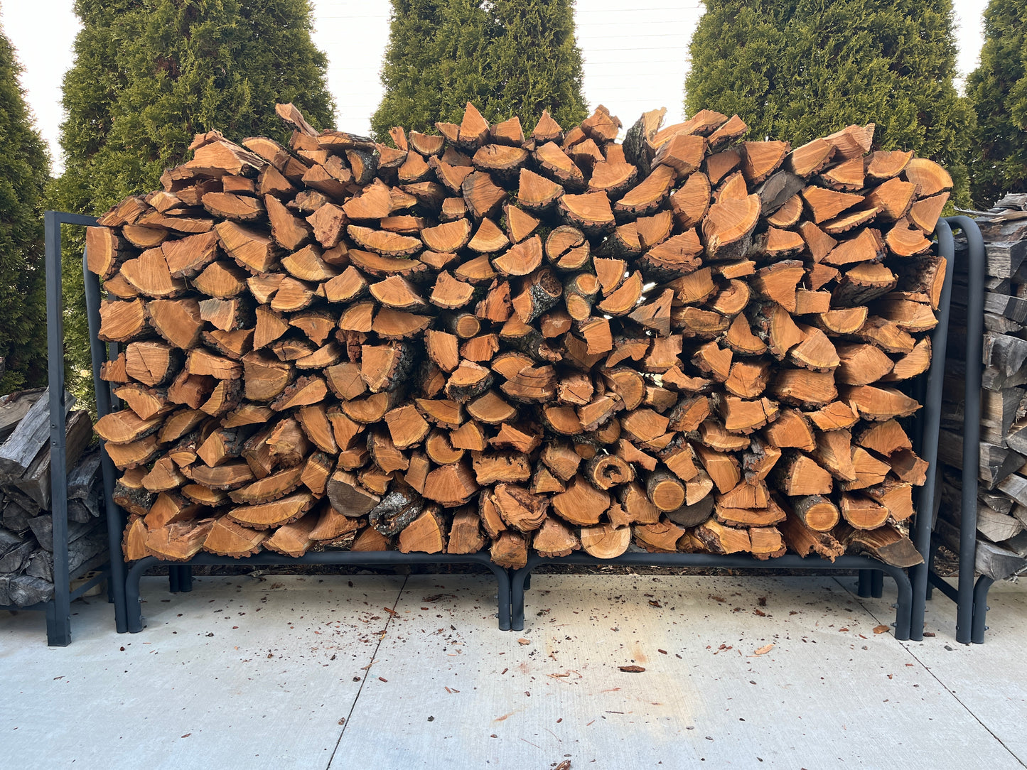 The image shows a black metal firewood rack completely filled with split logs, likely for burning as fuel. The rack is positioned outdoors on a concrete surface, with several evergreen trees in the background. The logs are various sizes and shapes, and their color ranges from light tan to dark brown, indicating different types and ages of wood. The overall impression is one of readiness for winter or colder weather, with a substantial amount of firewood neatly stored and easily accessible.
